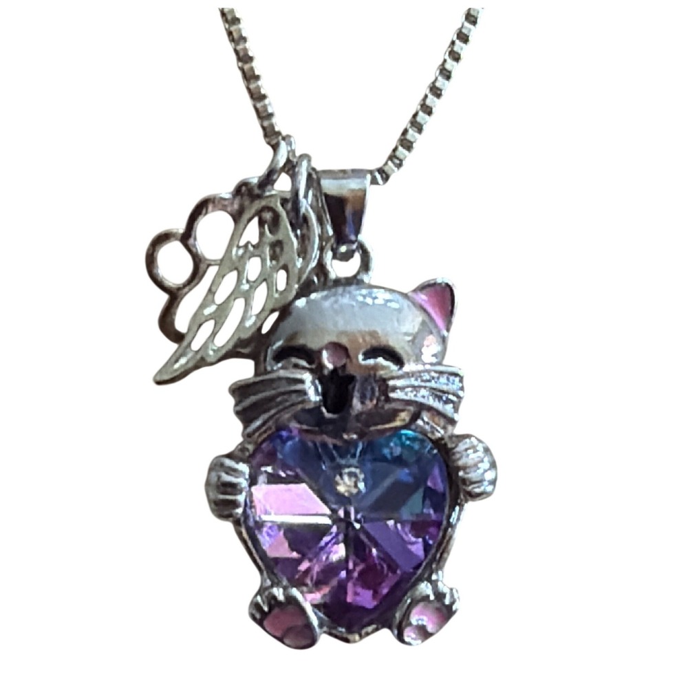 Silver Tone Cat Heart Crystal Necklace Angel Wing Paw Print Charms Whimsical